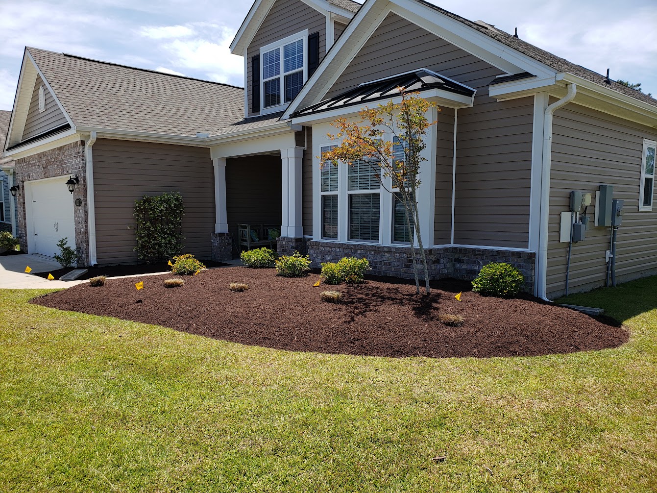 Completed mulch bed with fresh brown mulch around foundation shrubs in Horry County, SC