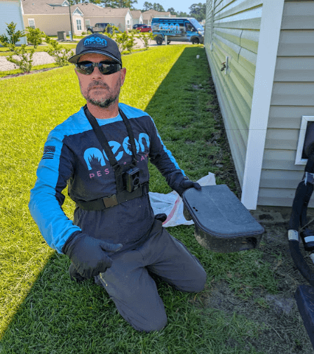 A man kneeling on grass, holding a box of lawn fertilizer supplies, ready to enhance his client's lawn's health.