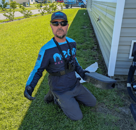 A man kneels on the grass, holding a black bag, likely preparing for a lawn fertilizer service.