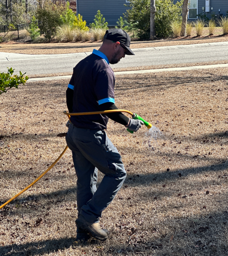 Weed controlling process in progress as a technician applies weed control solution across a residential lawn.